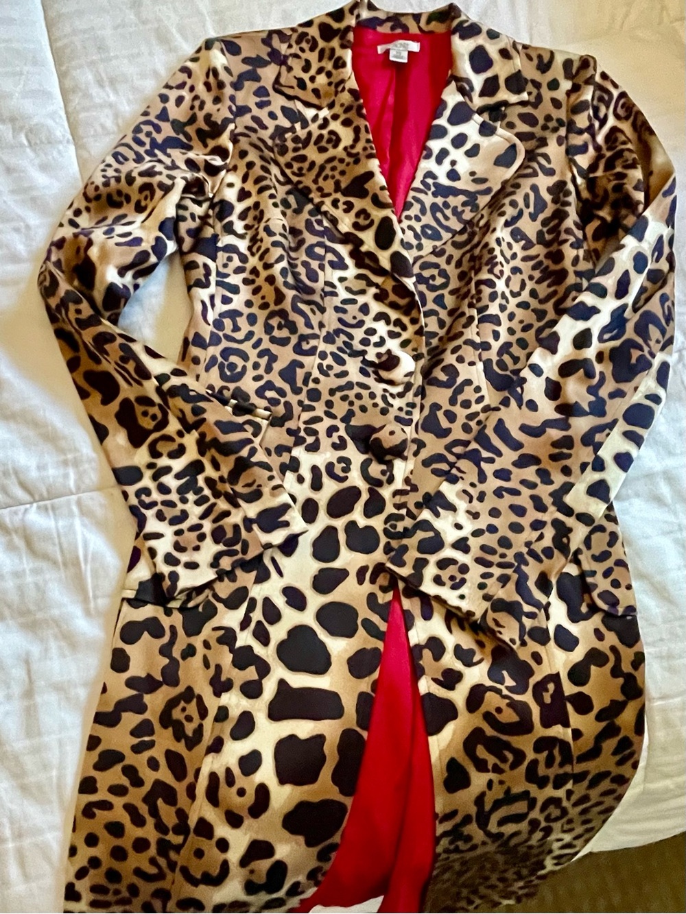 Cache Leopard Print Satin Trench Coat with Red Lining